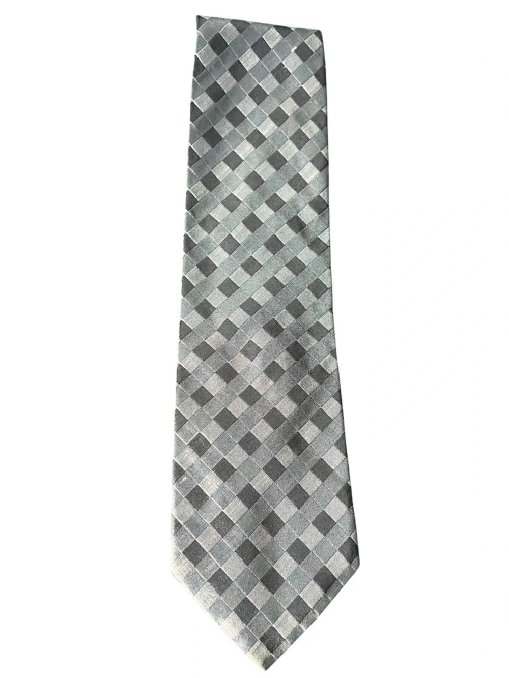 Donna Karan Silk Tie Gray Checkered Woven Pattern Luxury Mens Necktie